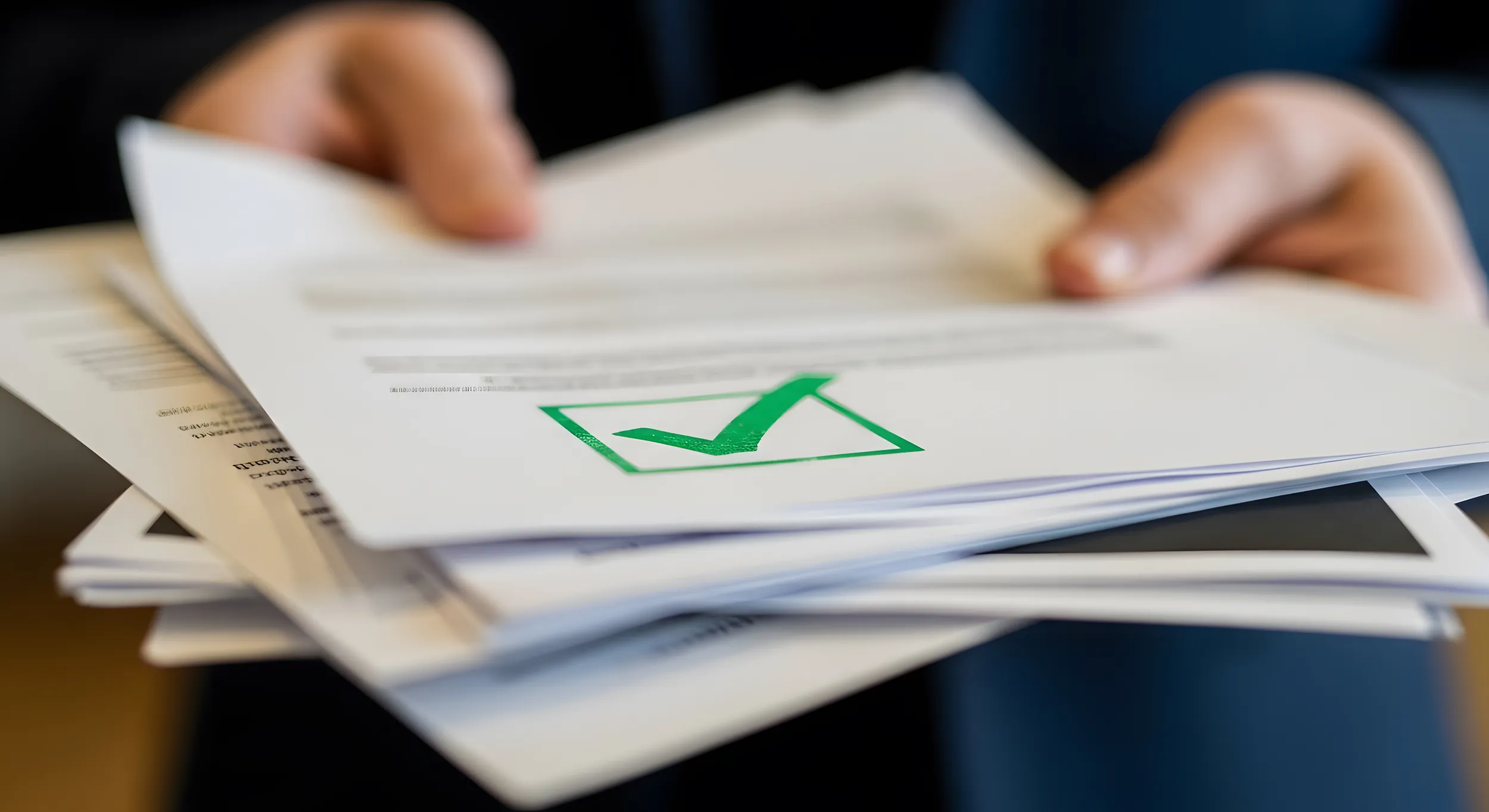 person holding stack papers with green checkmark result