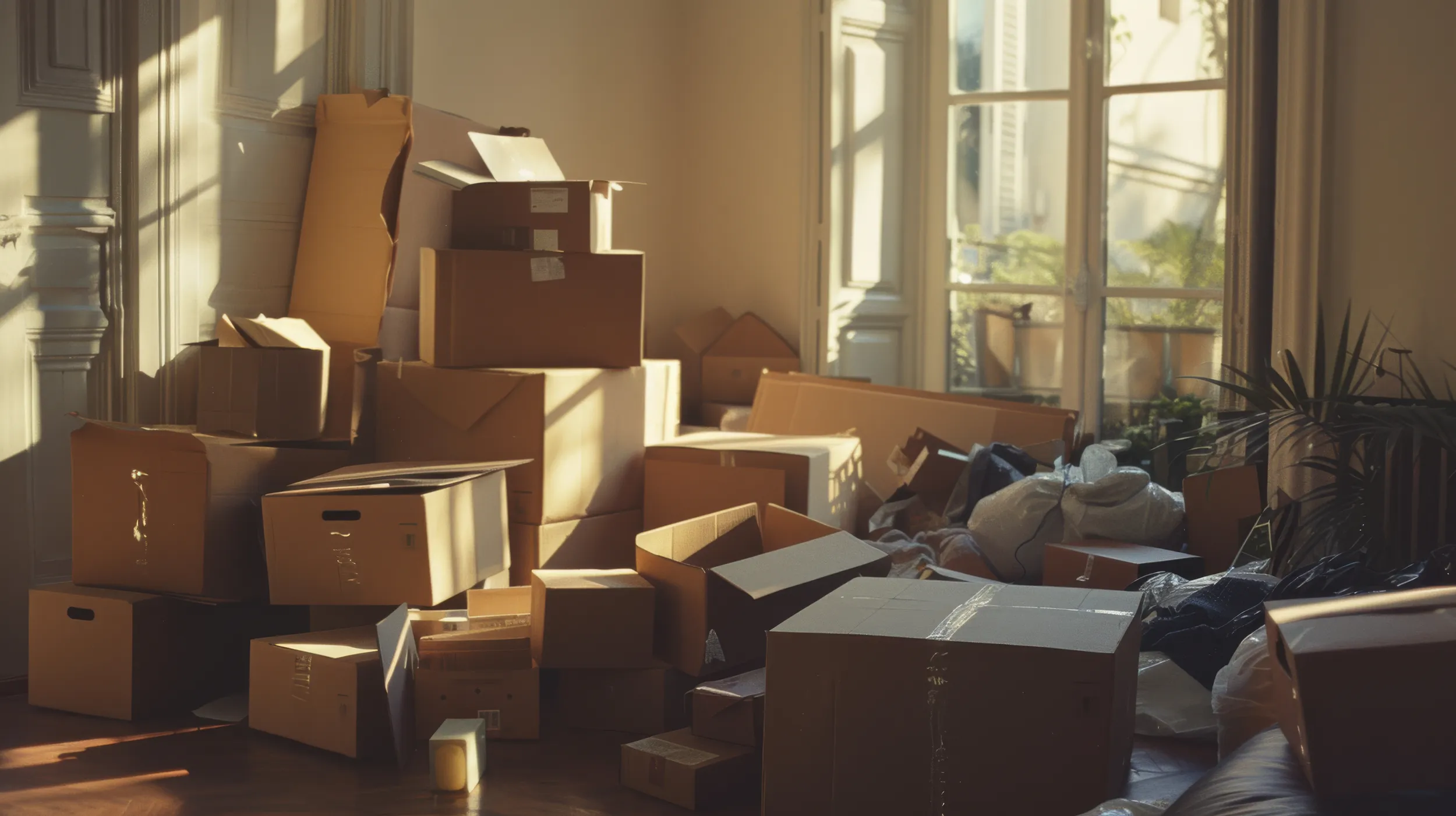 room filled with stacked cardboard boxes suggesting moving day unpacking sunlit room with large windows mess belongings result
